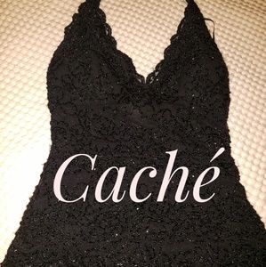 Caché black floral lace beaded halterneck top S